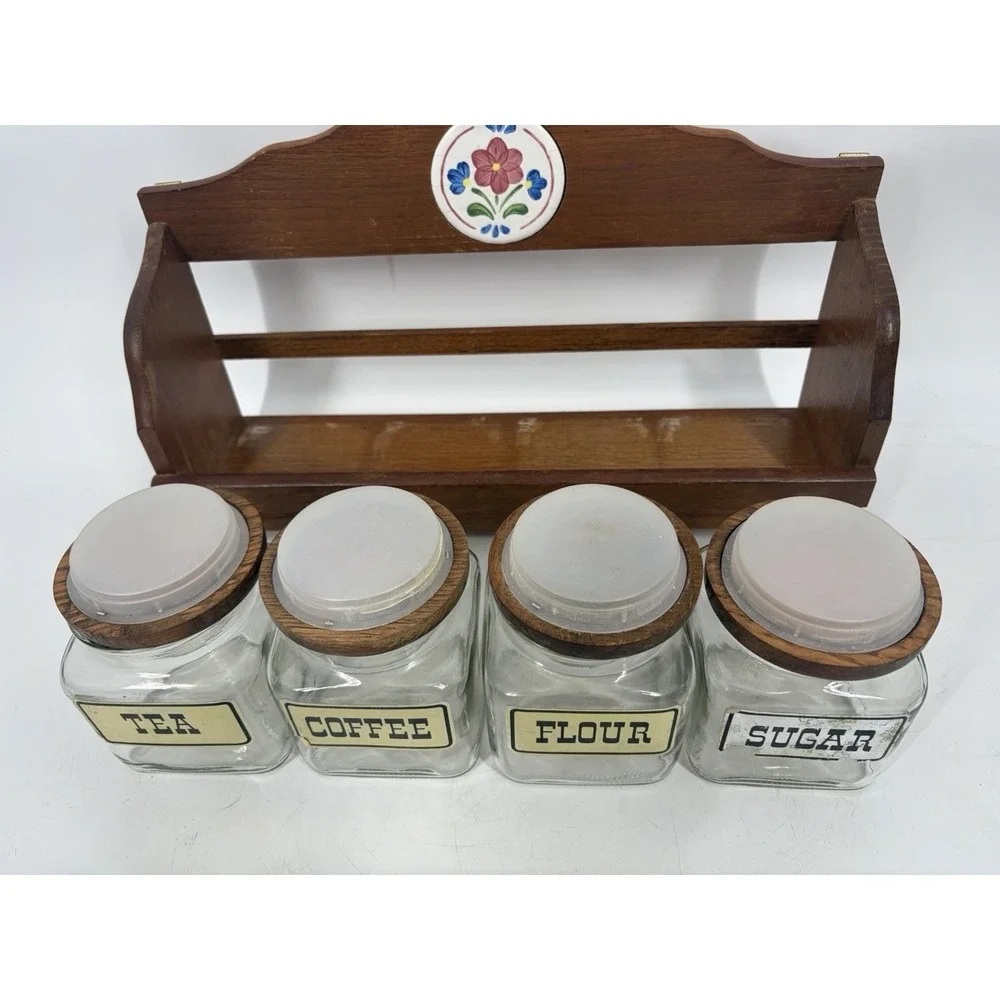 VTG Taiwan Oak Wood Glass Canister Set Farmhouse CottageCore Tea Coffee Sugar